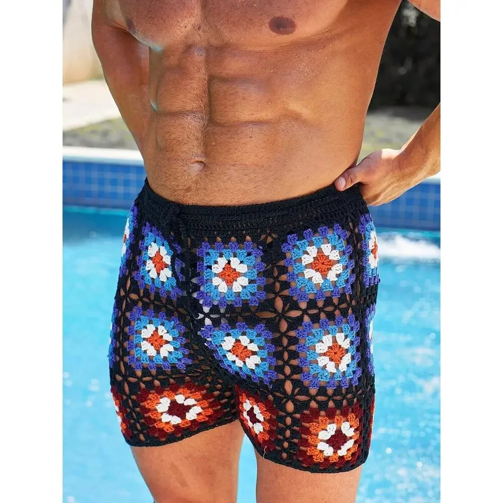 NEW Shein Manfinity RSRT Mens Floral Crochet Drawstring Waist Shorts Black Small